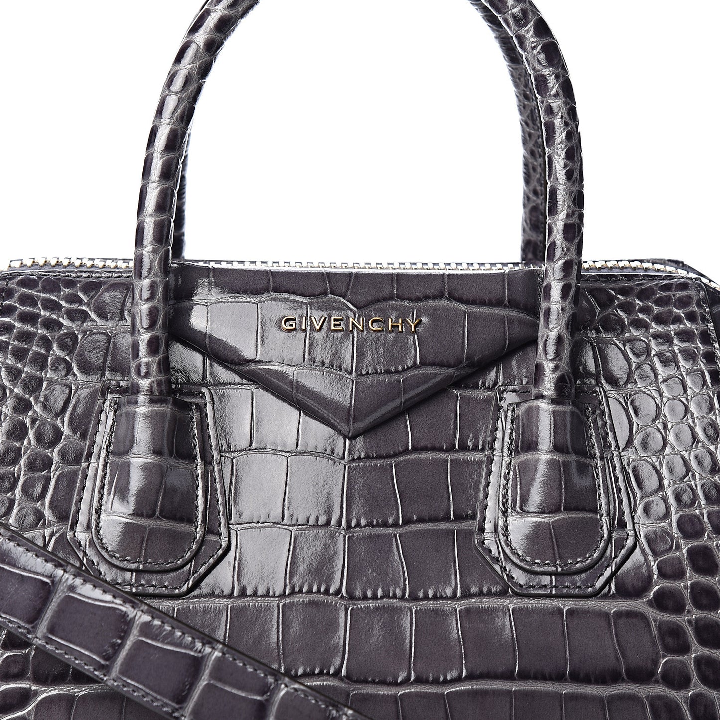 Calfskin Crocodile Embossed Small Antigona Storm Grey