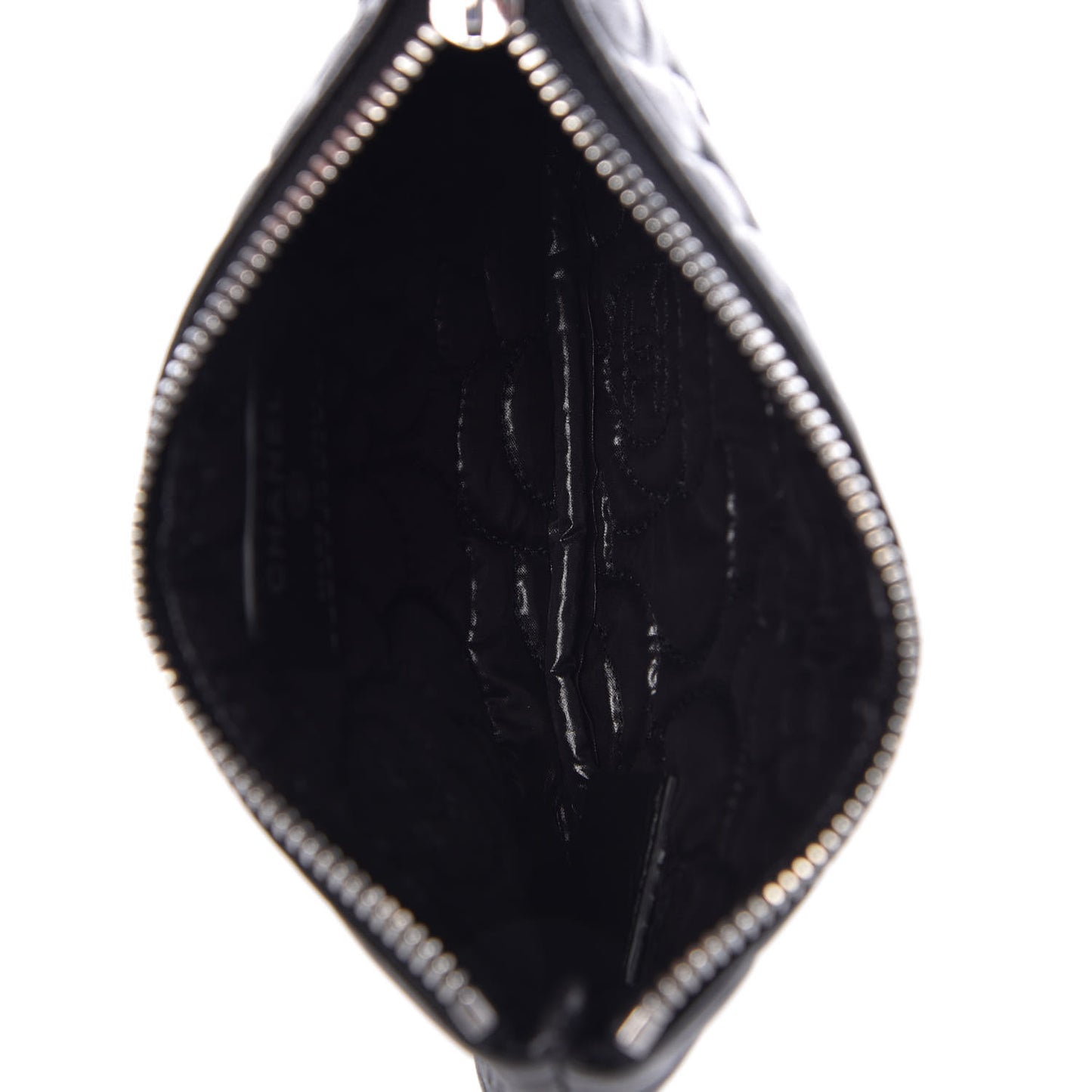 Goatskin Camellia Embossed Cosmetic Pouch Black