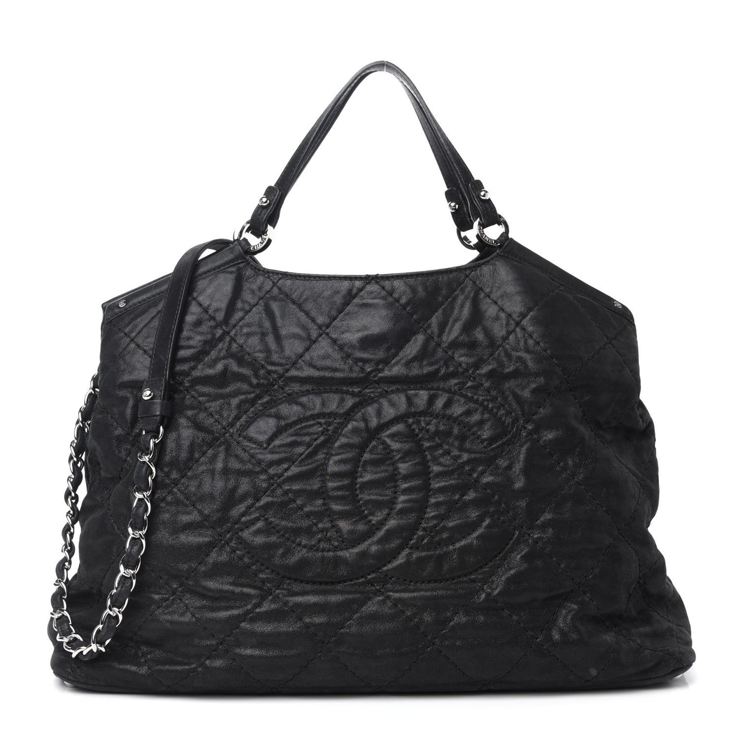 Iridescent Calfskin Stitched CC Shopping Tote Black
