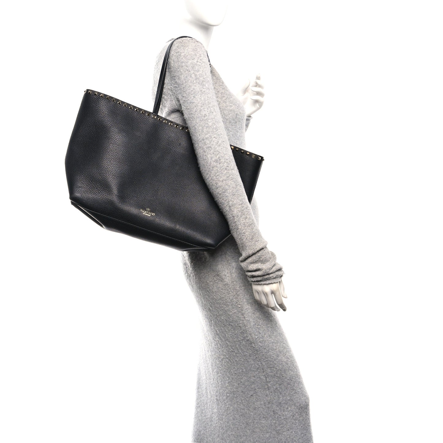Grained Calfskin Rockstud Shoulder Tote Black