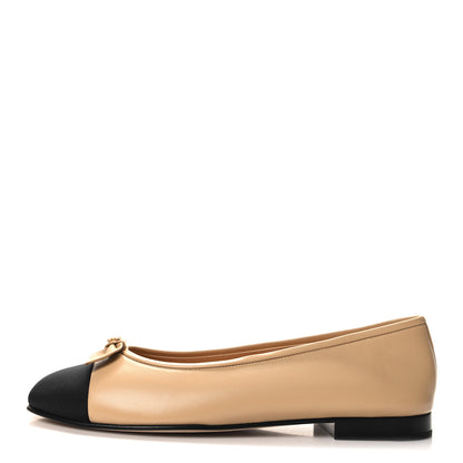 Chanel Lambskin Grosgrain Cap Toe Pearl CC Ballerina Flats 40 Beige Black 1 of 9