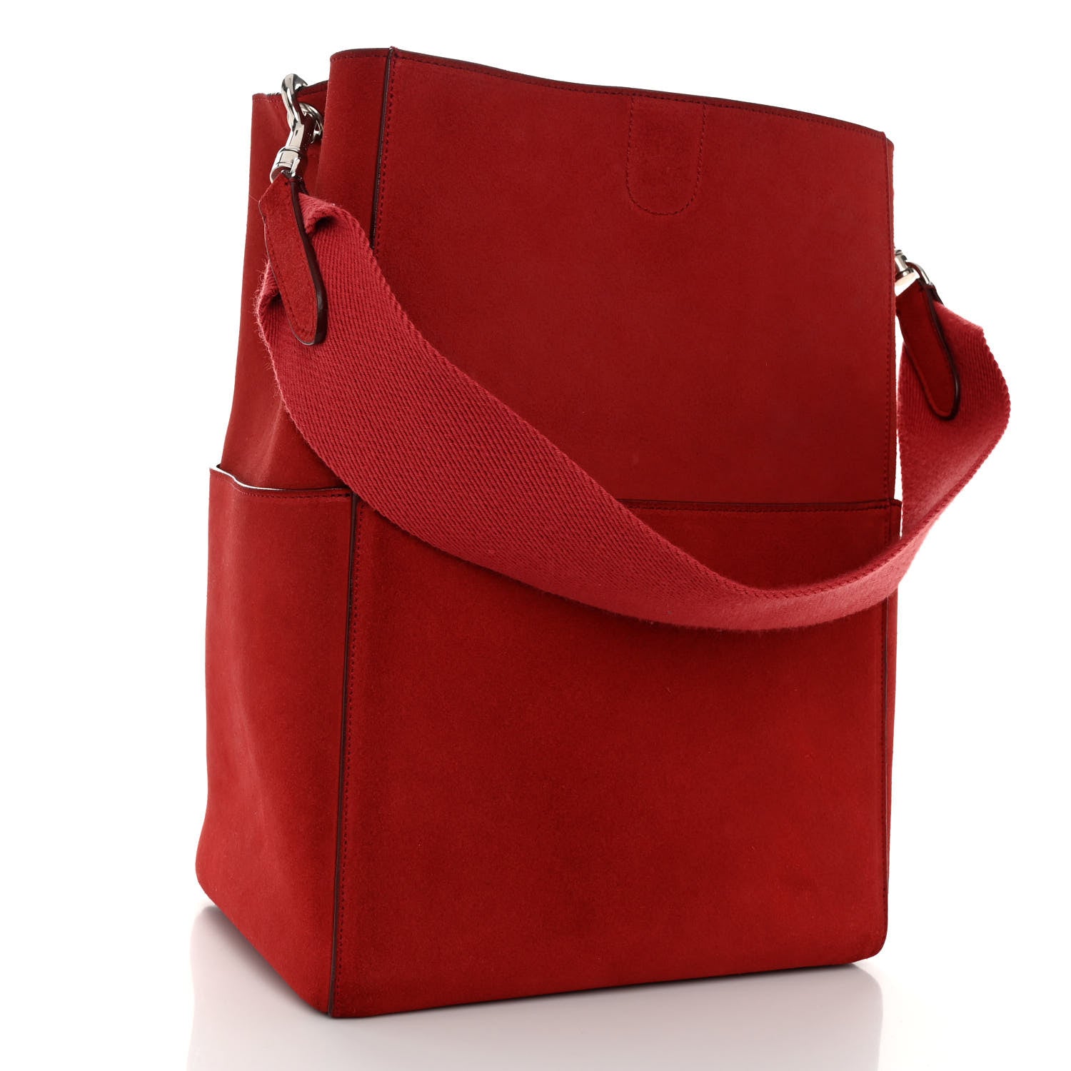 Celine Suede Calfskin Sangle Bucket Bag Red 3 of 11