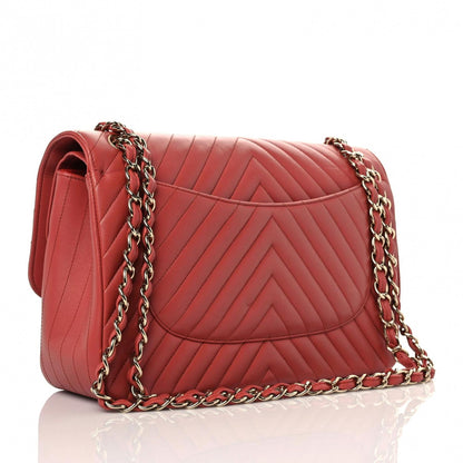 Chanel Lambskin Chevron Quilted Jumbo Double Flap Red 3 of 15