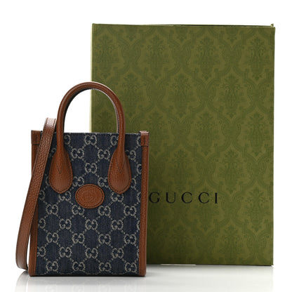 Gucci New Denim GG Monogram Dollar Calfskin Mini Retro Interlocking G Tote Bag Blue Tea Cuir Epilog 10 of 10