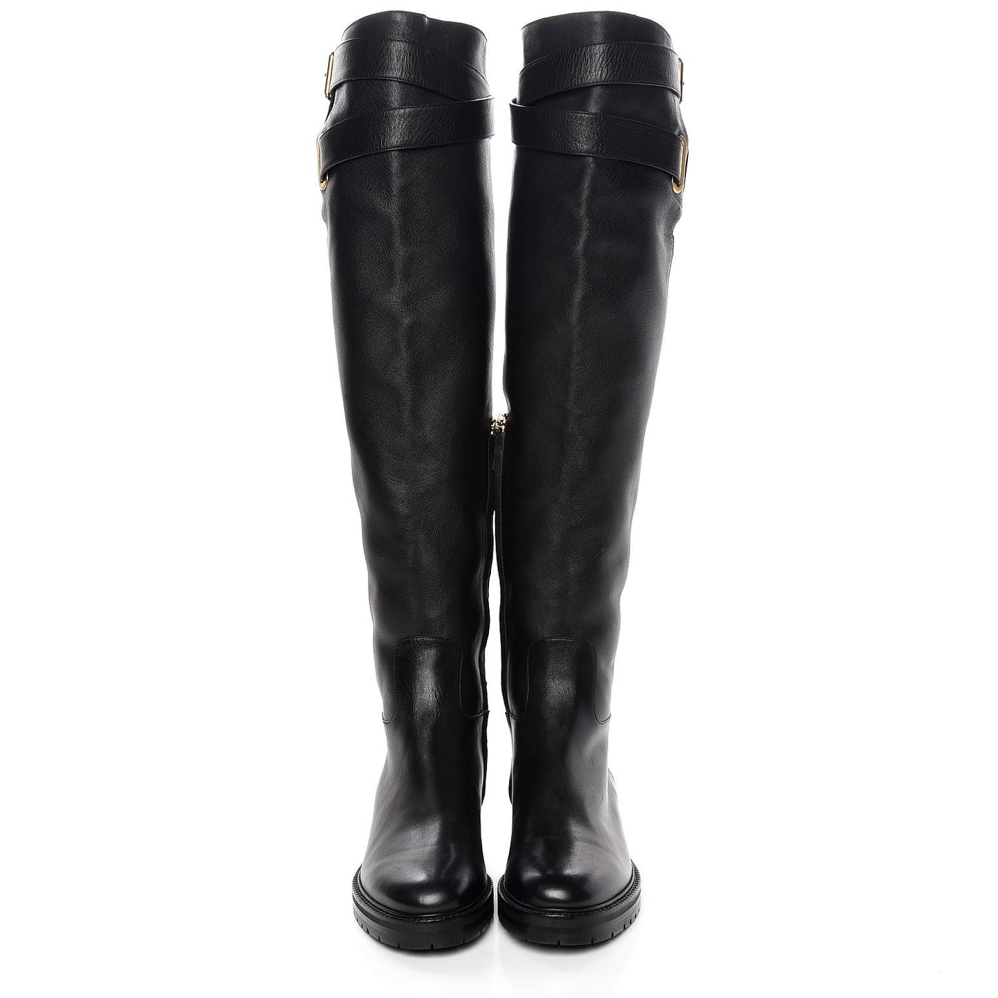 Calfskin Knee High Buckle Boots 41 Black