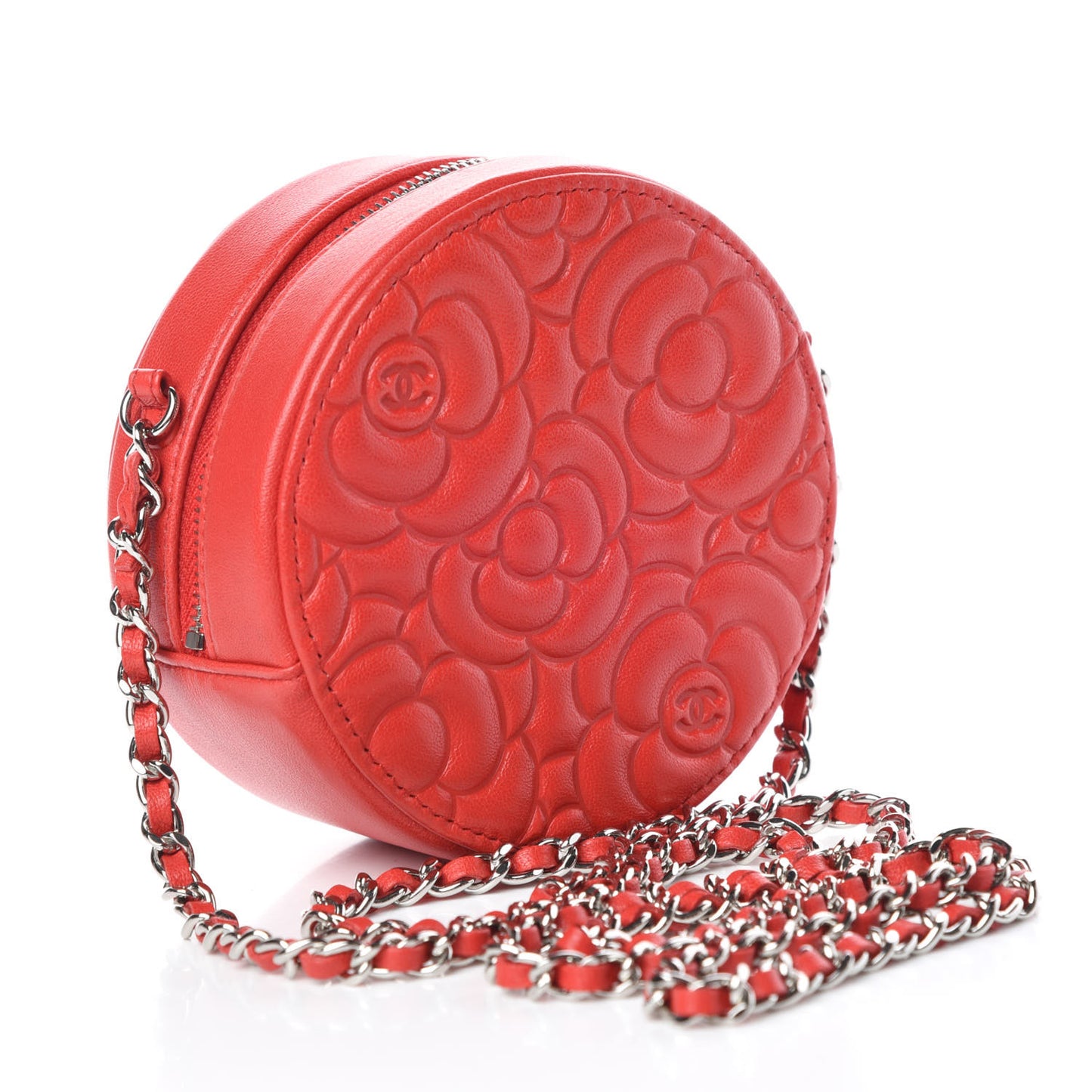 Lambskin Camellia Quilted Round Clutch With Chain Red