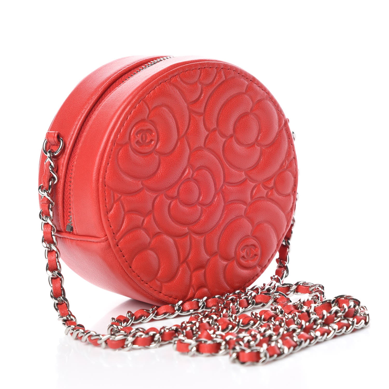Chanel Lambskin Camellia Quilted Round Clutch With Chain Red 3 of 11