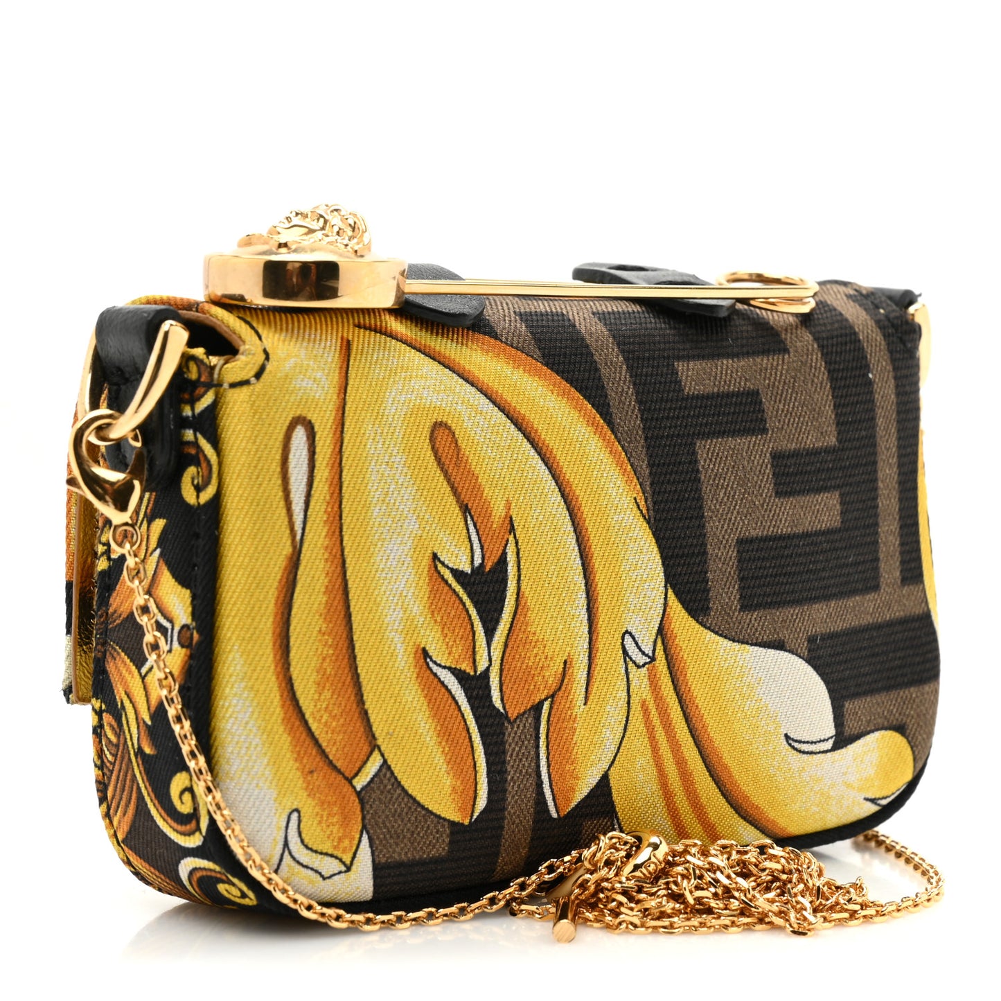 X VERSACE Silk Fendace FF Baroque Nano Brooch Baguette Black Gold