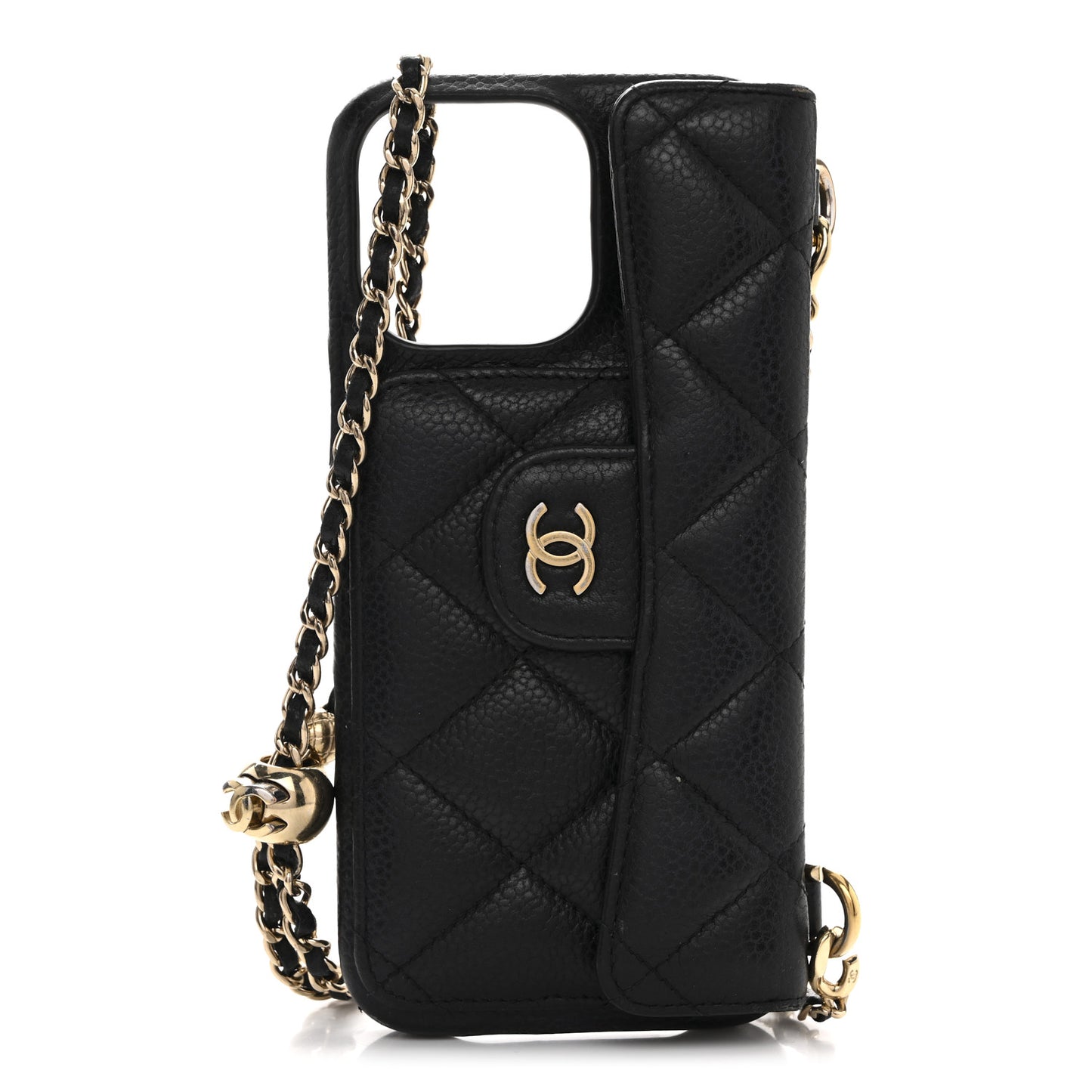 Caviar Quilted Pearl Crush iPhone 16 Pro Max Case With Chain Black