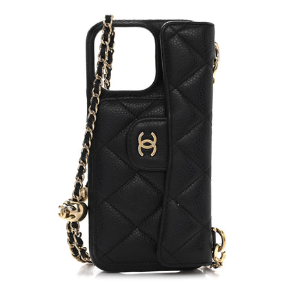 Chanel Caviar Quilted Pearl Crush iPhone 16 Pro Max Case With Chain Black 1 of 9
