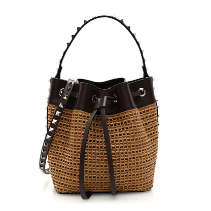 Valentino Garavani Raffia Calfskin Rockstud Drawstring Shoulder Bag Tobacco Cacao 1 of 9