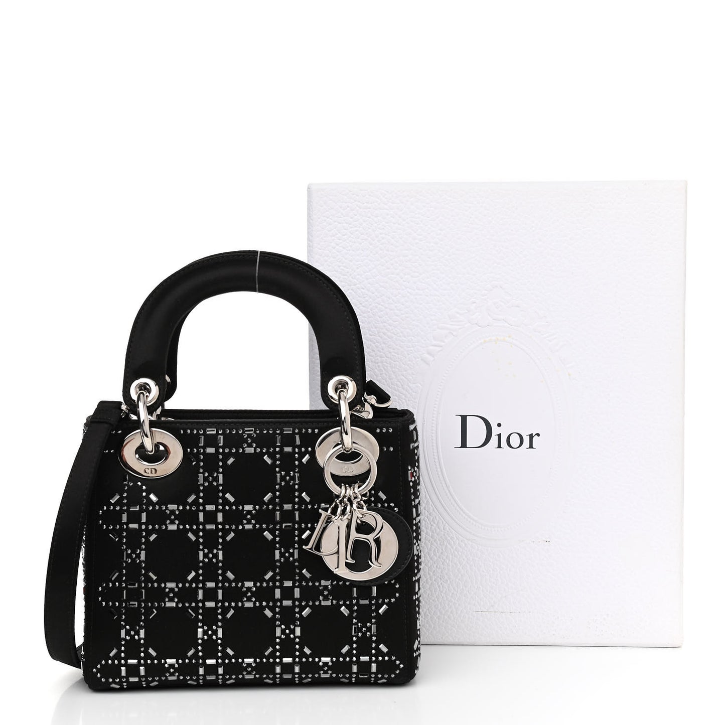 Satin Crystal Cannage Mini Lady Dior Black