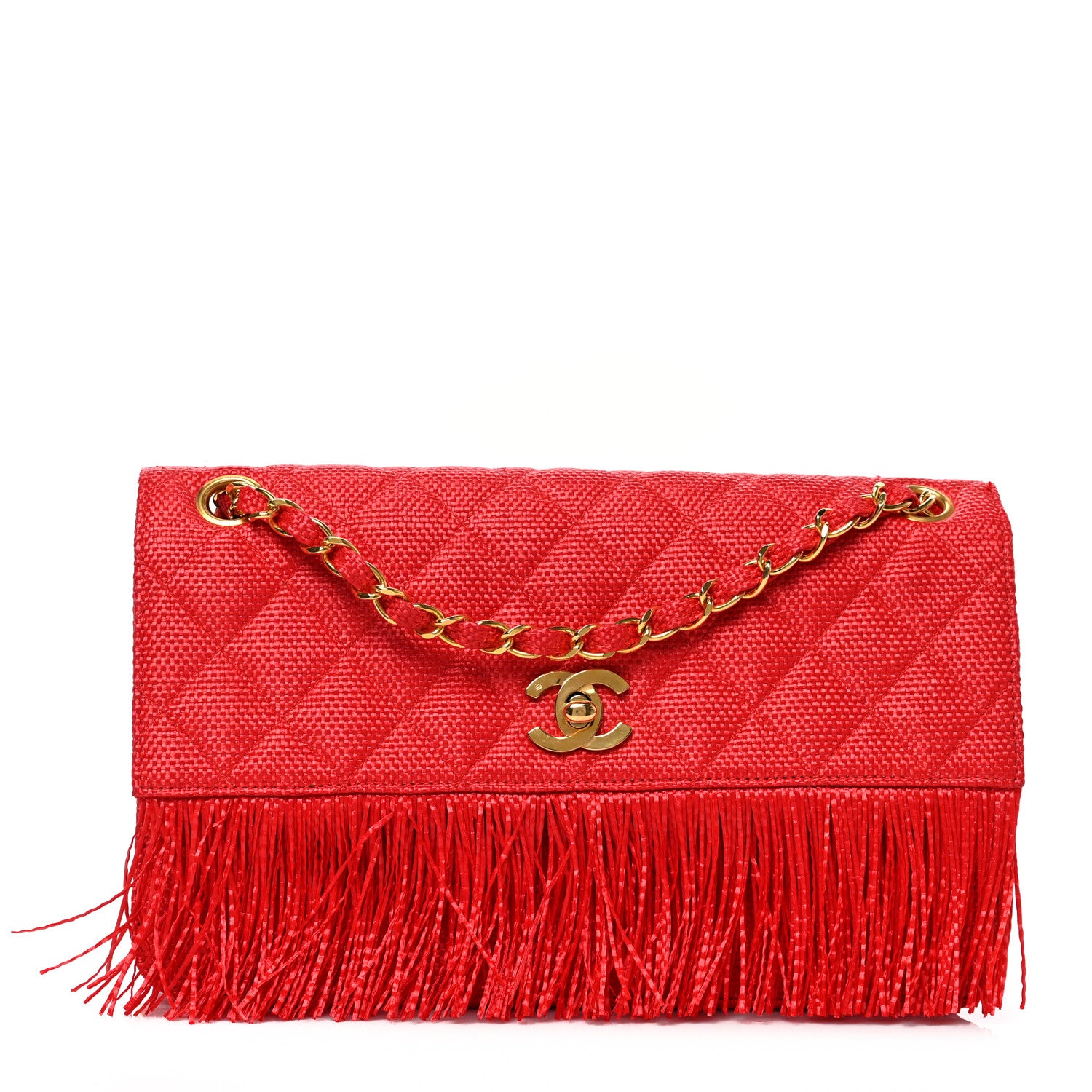 Chanel Woven Raffia Quilted CC Fringe Flap Red 1 of 10