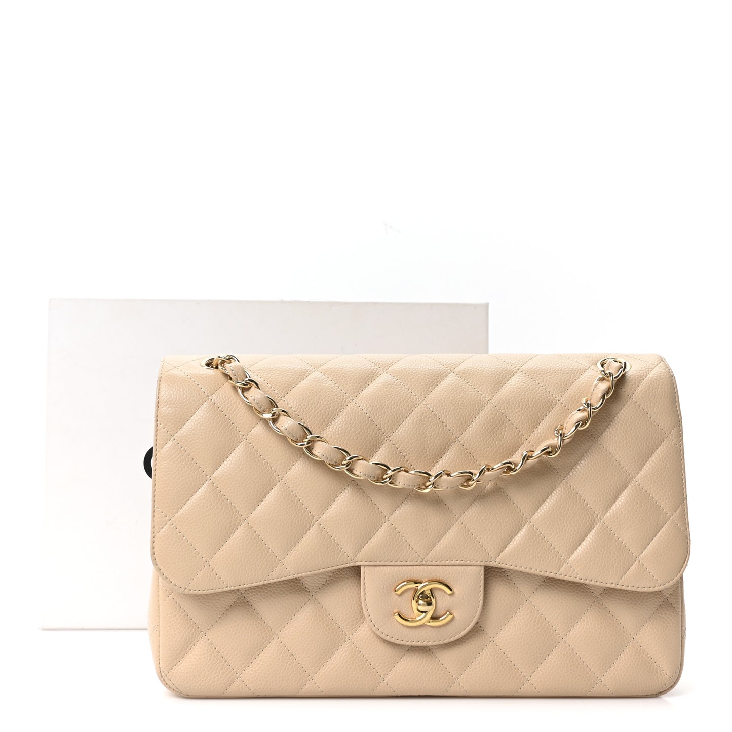 Caviar Quilted Jumbo Double Flap Beige Clair