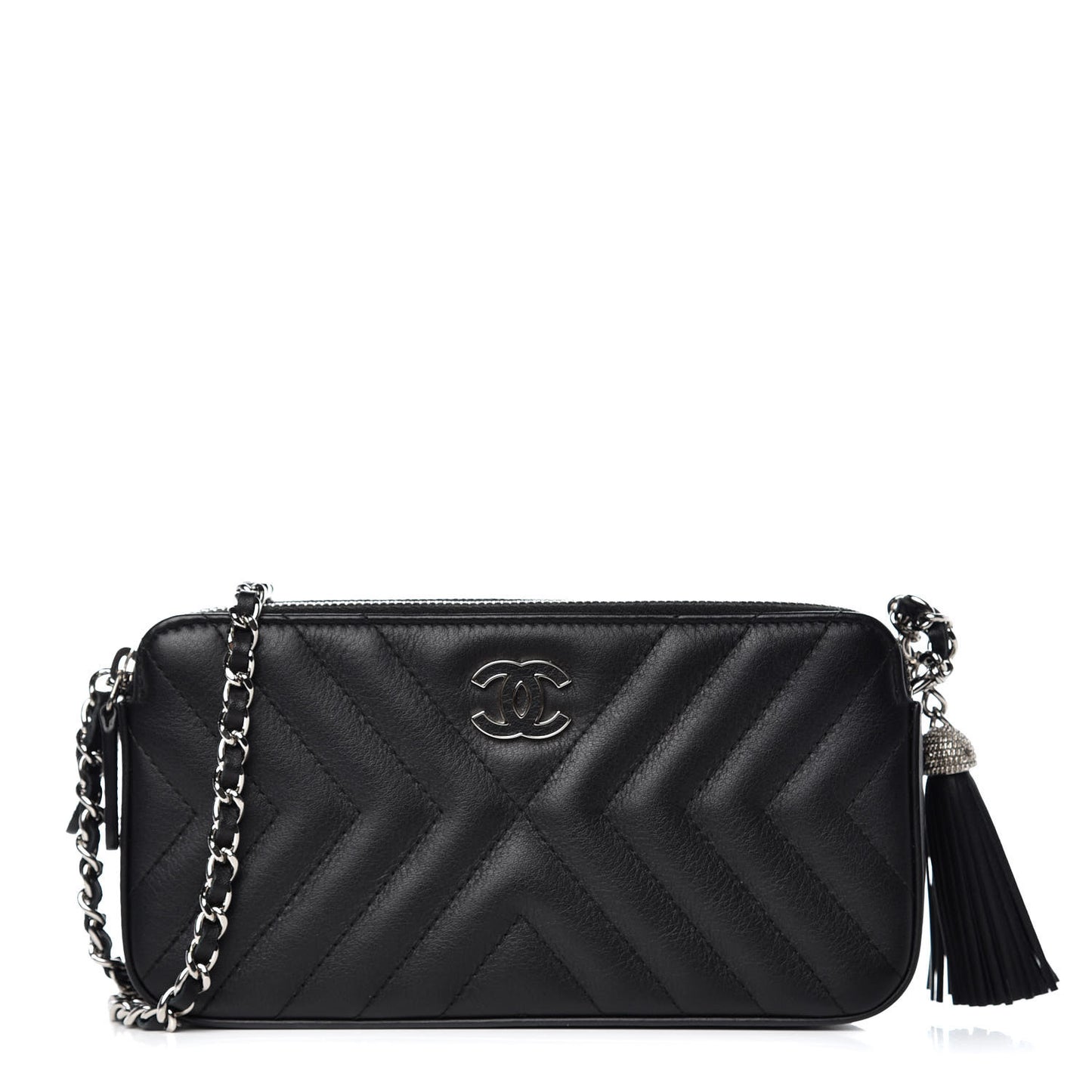 Calfskin Chevron Quilted Tassel Clutch With Chain Black