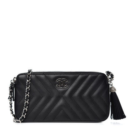 Chanel Calfskin Chevron Quilted Tassel Clutch With Chain Black 1 of 10