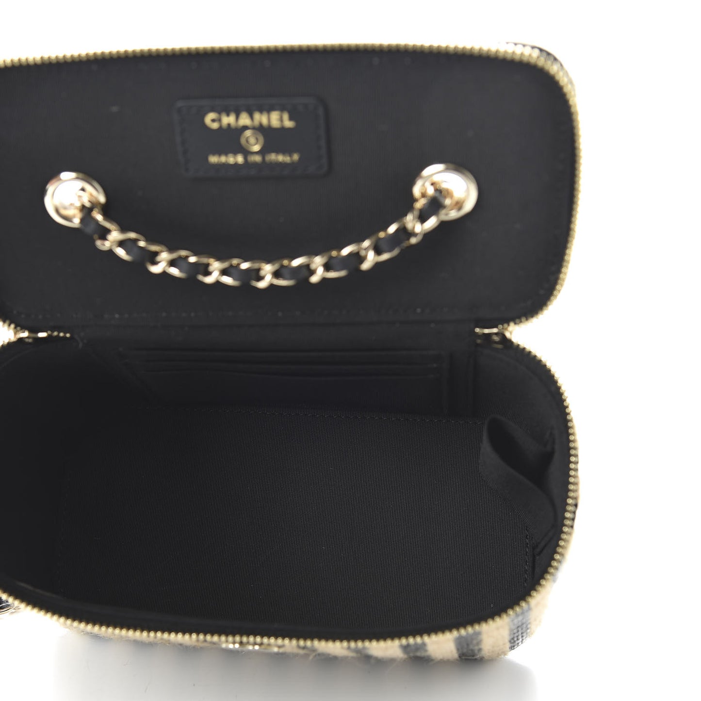 Raffia Jute Striped Small Vanity Case With Chain Black Beige