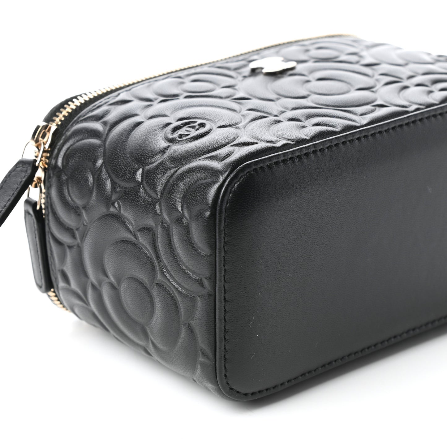 Lambskin Camellia Embossed Small Vanity Case With Chain Black