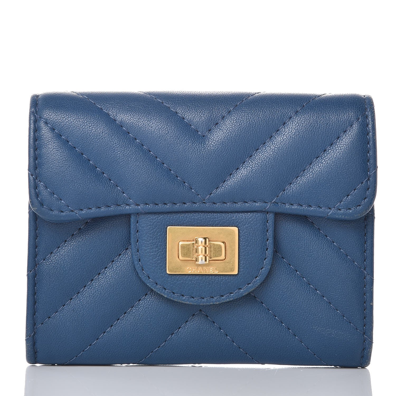 Chanel Sheepskin Chevron Quilted Reissue Card Holder Blue 1 of 12