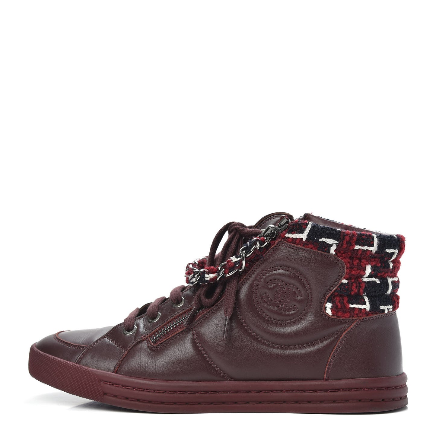 Lambskin Tweed Chain CC Sneakers 37 Burgundy Navy White