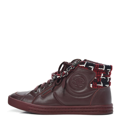 Chanel Lambskin Tweed Chain CC Sneakers 37 Burgundy Navy White 1 of 9