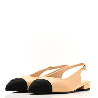 Chanel Goatskin Grosgrain Pointed Toe CC Slingback Flats 36.5 Beige Black 4 of 10