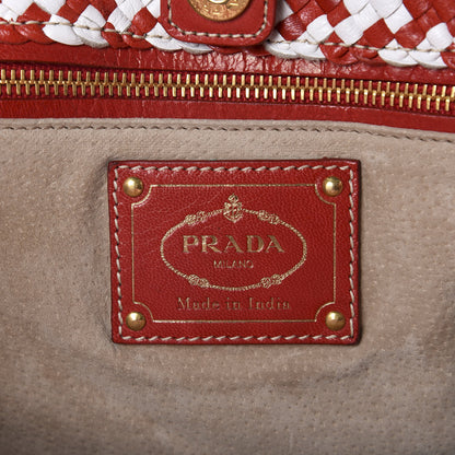 Prada Goatskin Woven Tote Red White 8 of 10