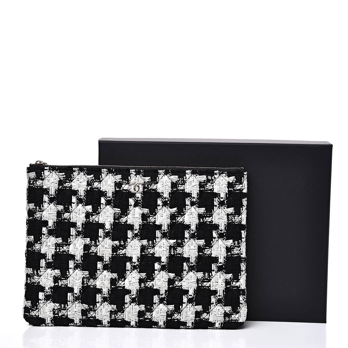 Tweed Quilted Medium Cosmetic Pouch Black Ecru White