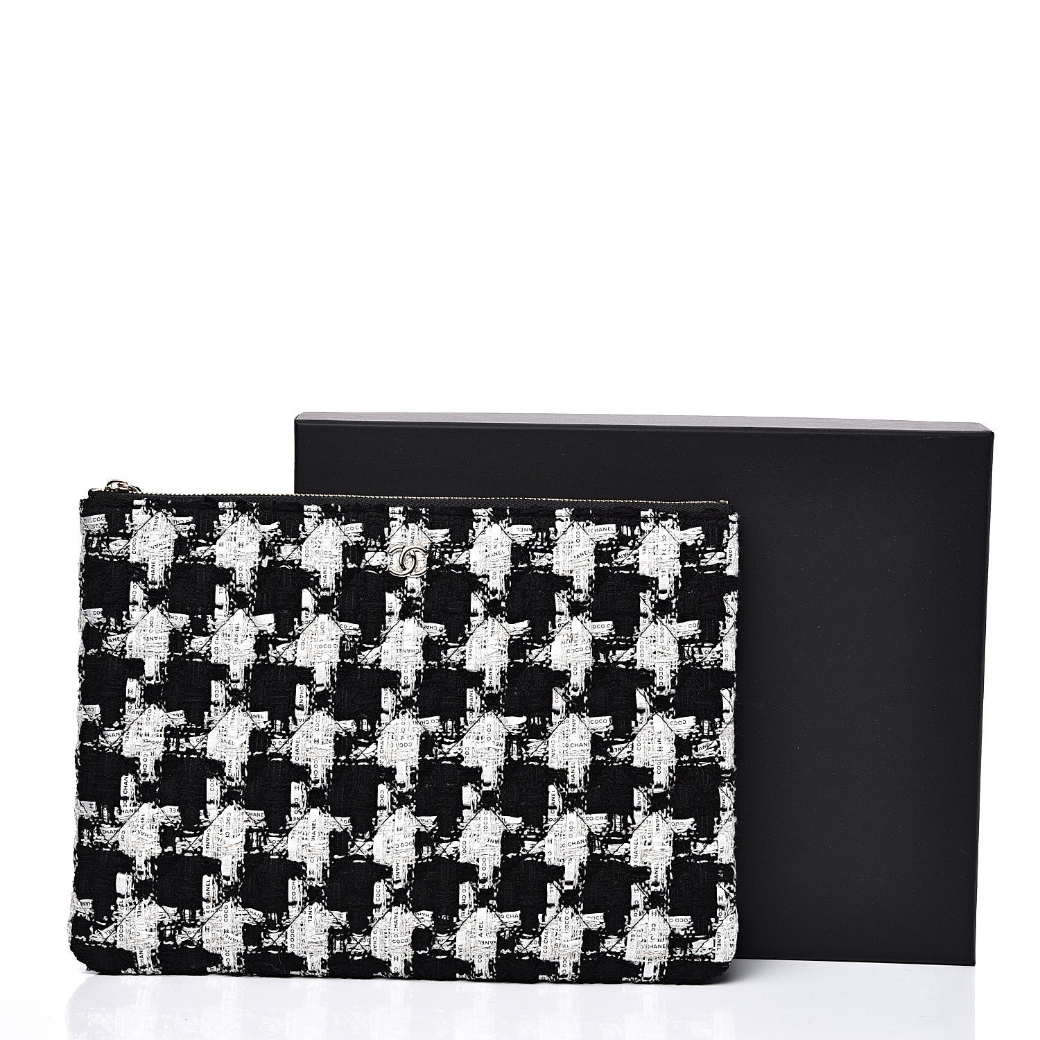 Chanel Tweed Quilted Medium Cosmetic Pouch Black Ecru White 7 of 7