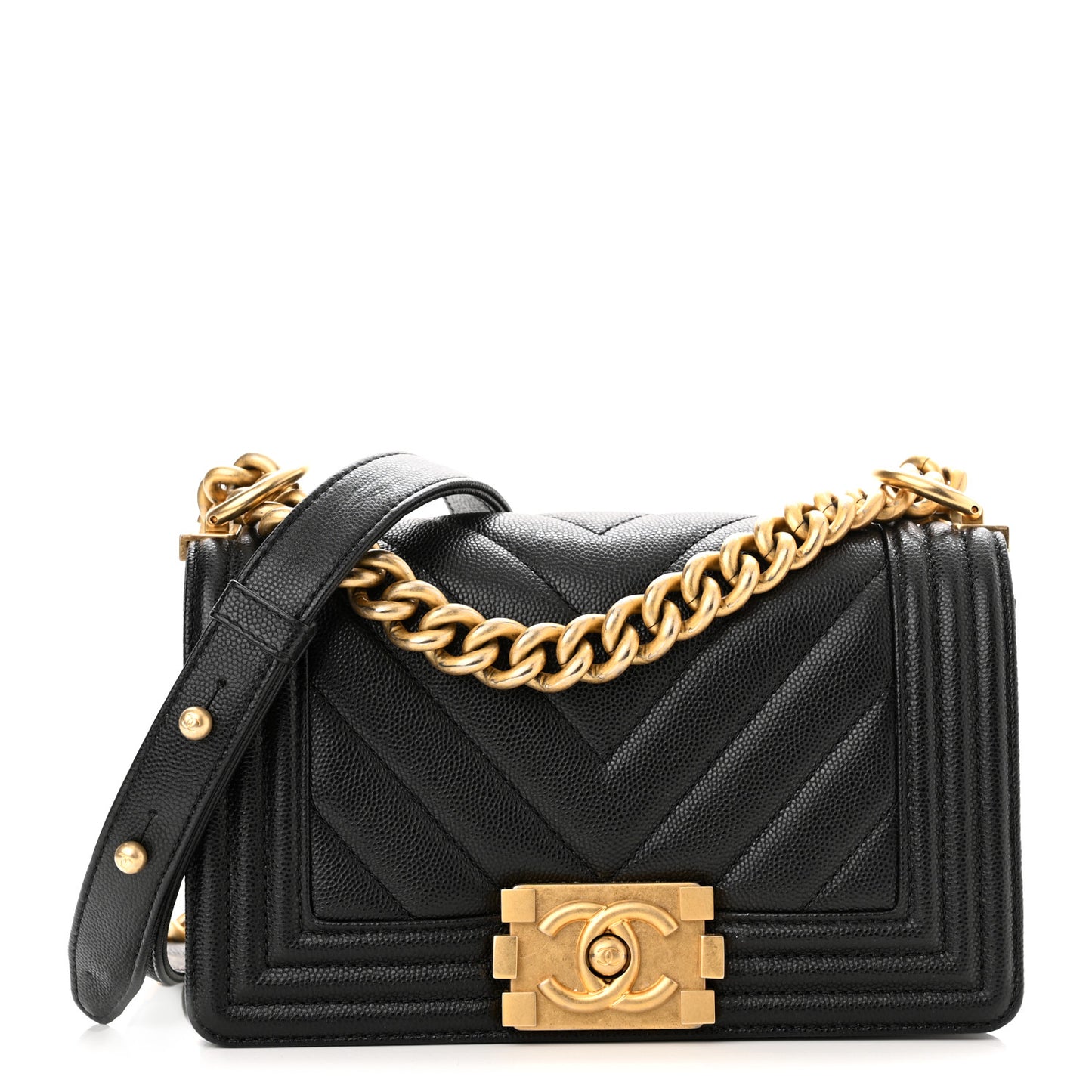 Caviar Chevron Quilted Small Boy Flap Black