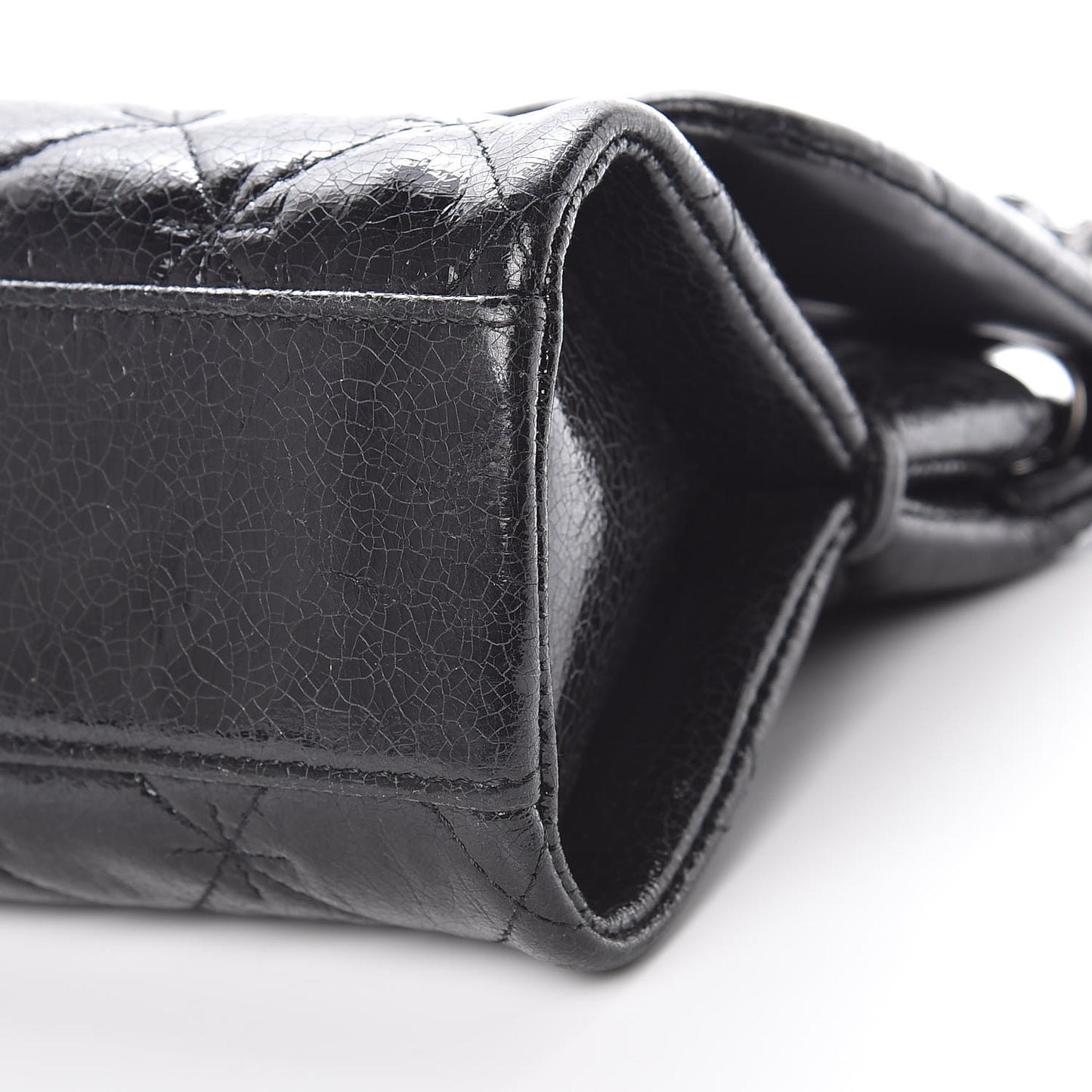 Glazed Crackled Calfskin Quilted Mademoiselle Flap Black