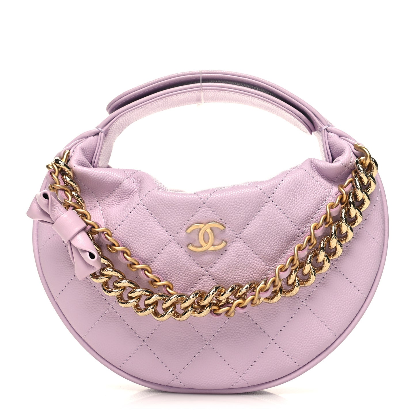Shiny Caviar Quilted Bow Pouch Hobo Light Purple