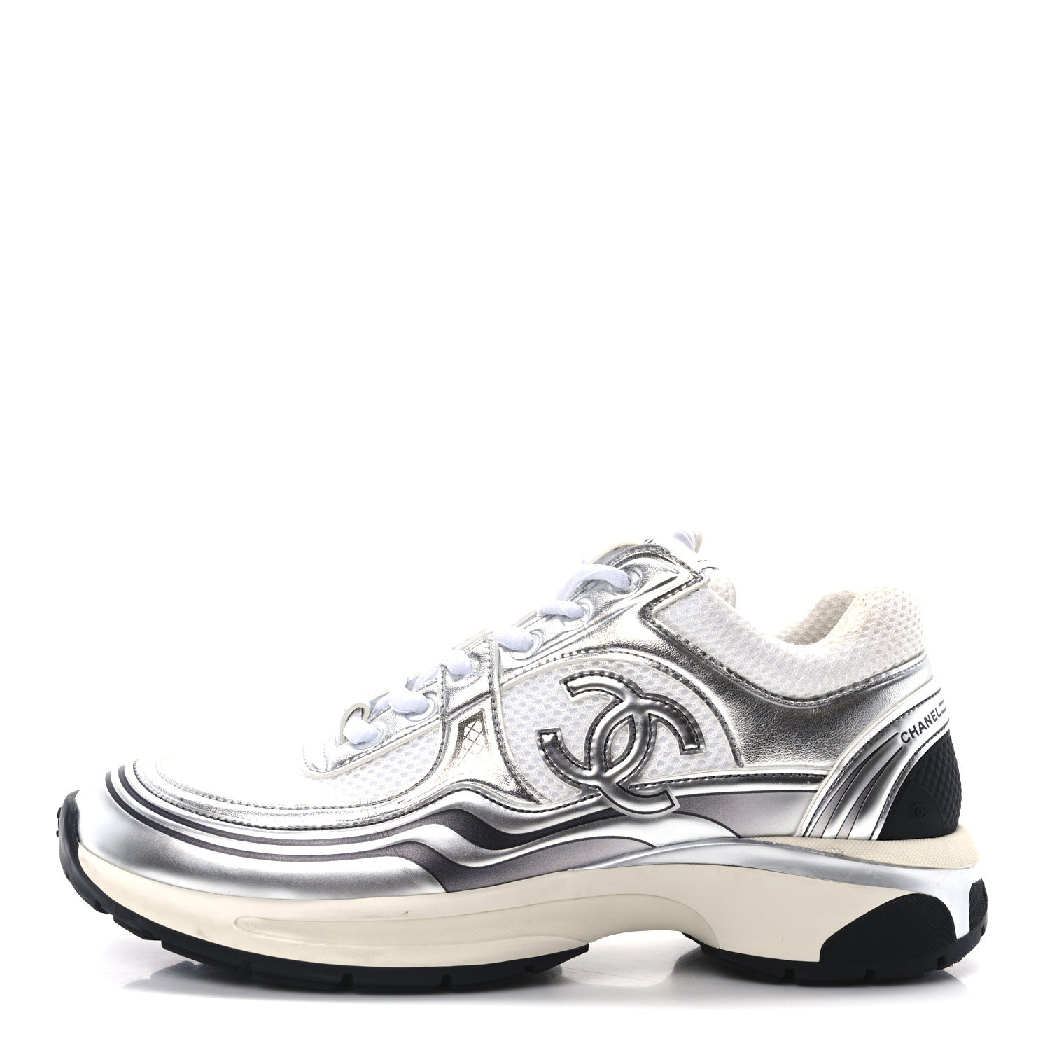 Chanel Fabric Laminated Calfskin Stretch CC Sneakers 39 White Silver 1 of 9