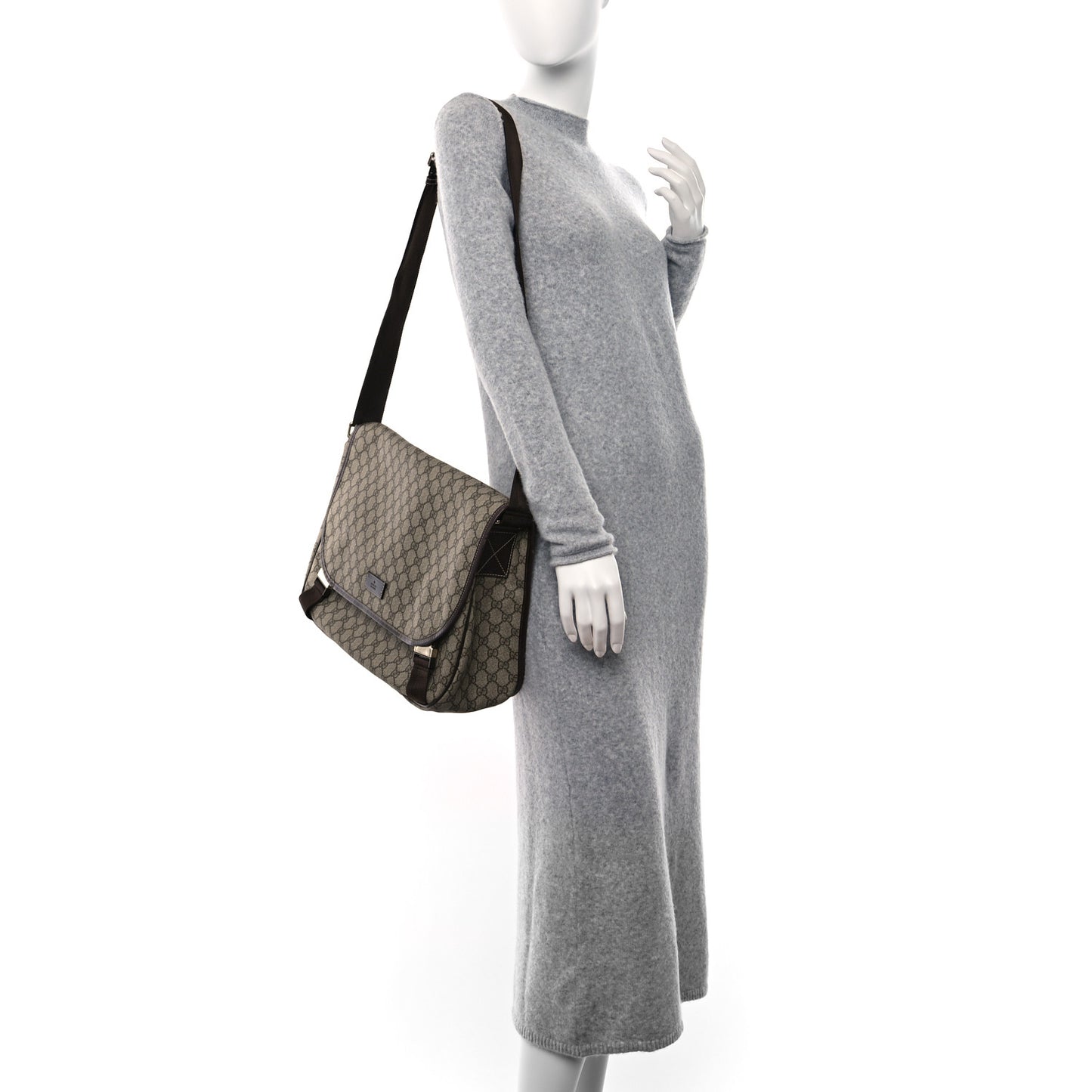 GG Plus Monogram Large Double Buckle Flap Messenger Bag Beige Dark Brown