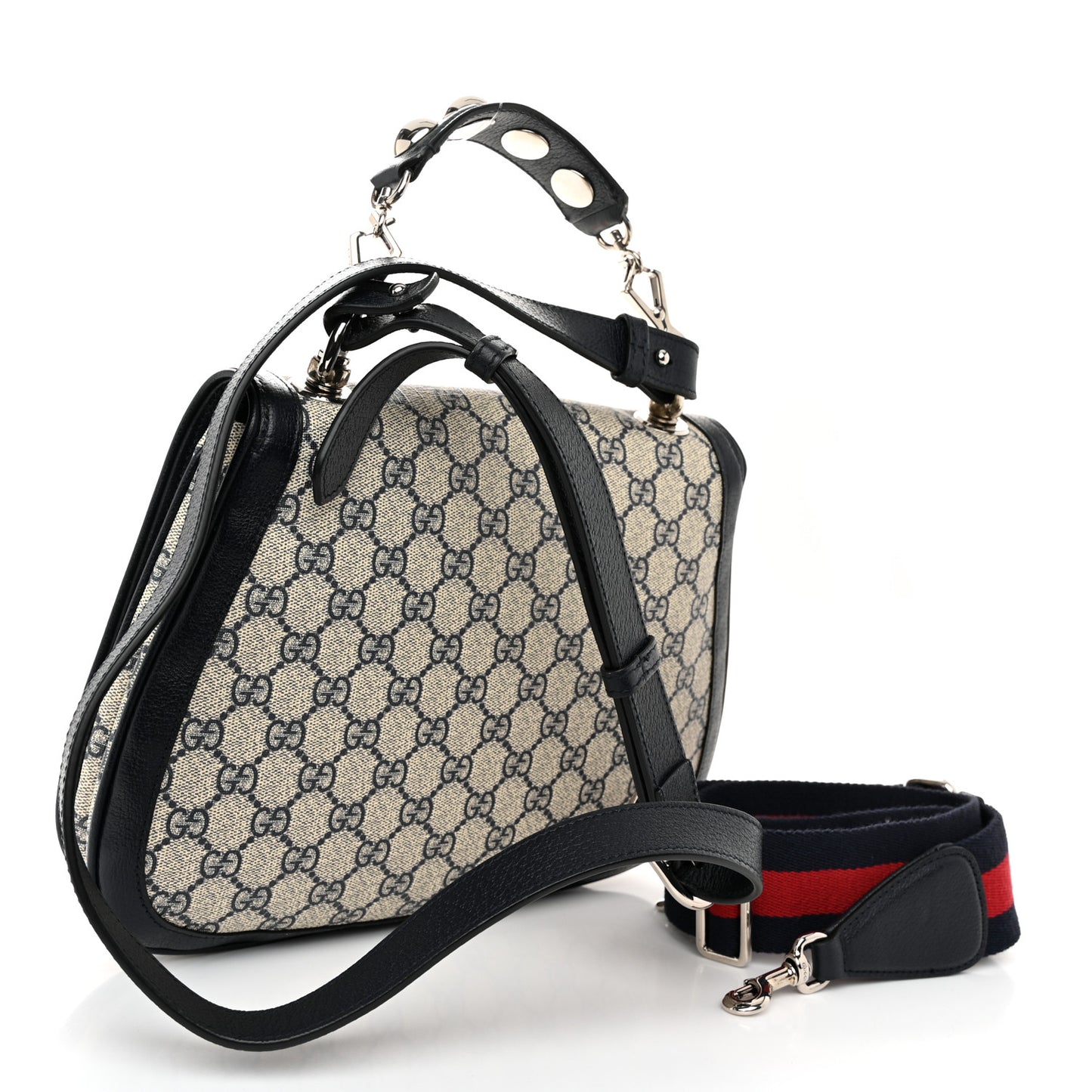 GG Supreme Monogram Textured Dollar Calfskin Web Medium Blondie Top Handle Shoulder Flap Bag Beige Blue