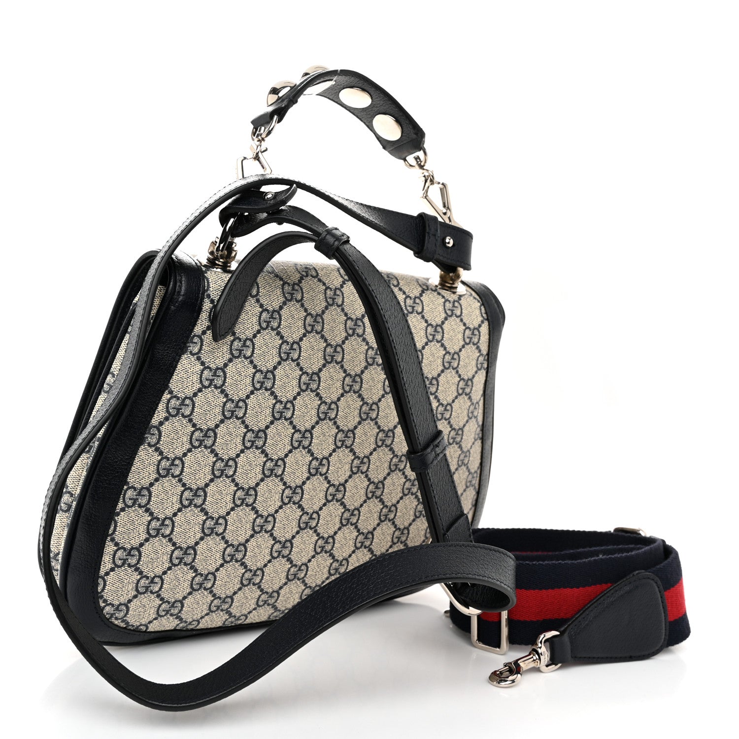 Gucci GG Supreme Monogram Textured Dollar Calfskin Web Medium Blondie Top Handle Shoulder Flap Bag Beige Blue 3 of 11