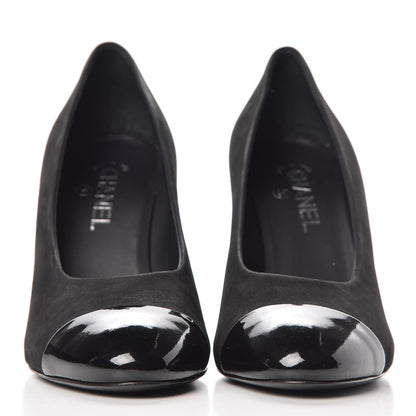 Chanel Suede Calfskin Patent Cap Toe CC Pumps 40 Black 2 of 11