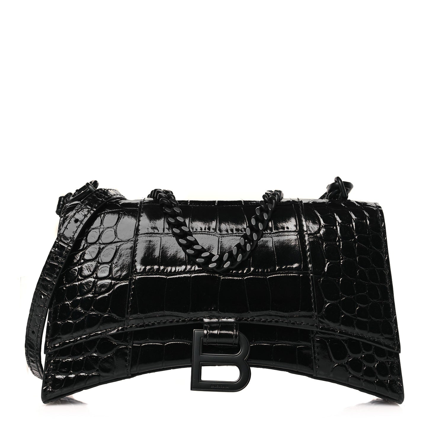 Shiny Calfskin Monochrome Crocodile Embossed Hourglass Chain Bag XS Black