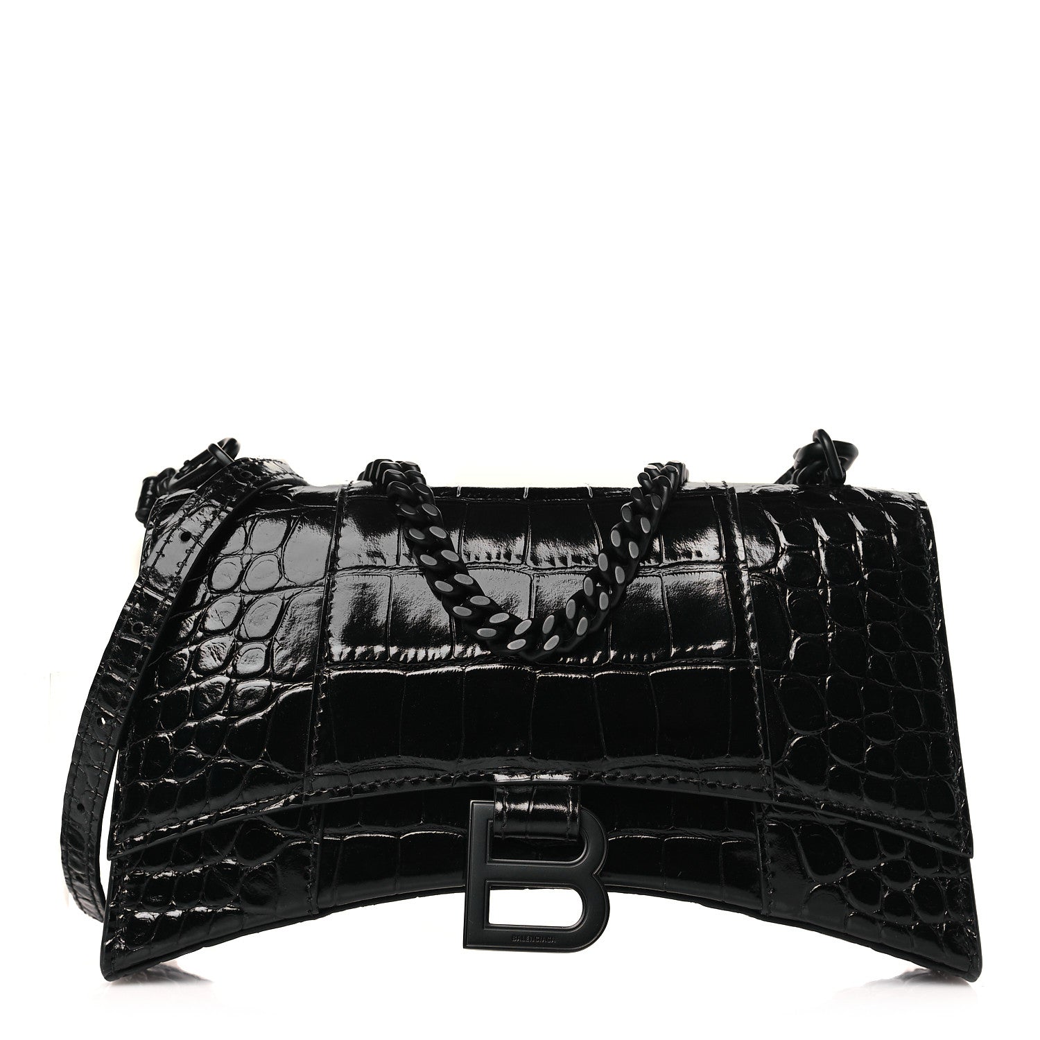 Balenciaga Shiny Calfskin Monochrome Crocodile Embossed Hourglass Chain Bag XS Black 1 of 8
