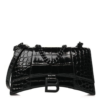 Balenciaga Shiny Calfskin Monochrome Crocodile Embossed Hourglass Chain Bag XS Black 1 of 8