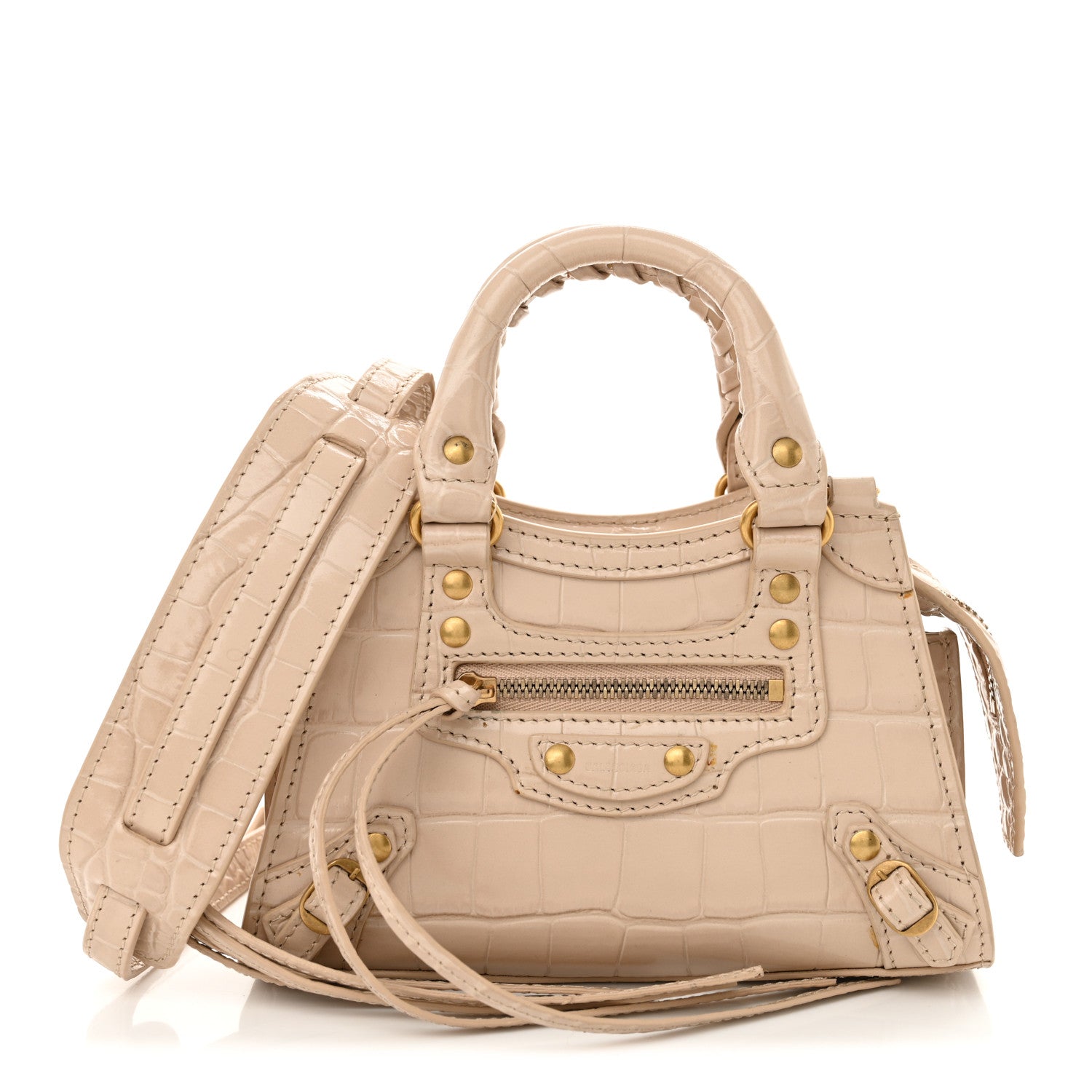 Balenciaga Shiny Supple Calfskin Crocodile Embossed Neo Classic Gold Hardware Nano City Crossbody Light Beige 1 of 13