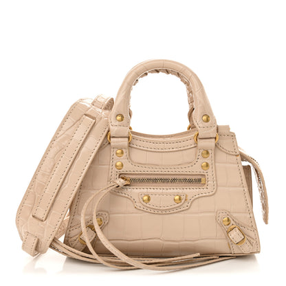 Balenciaga Shiny Supple Calfskin Crocodile Embossed Neo Classic Gold Hardware Nano City Crossbody Light Beige 1 of 13