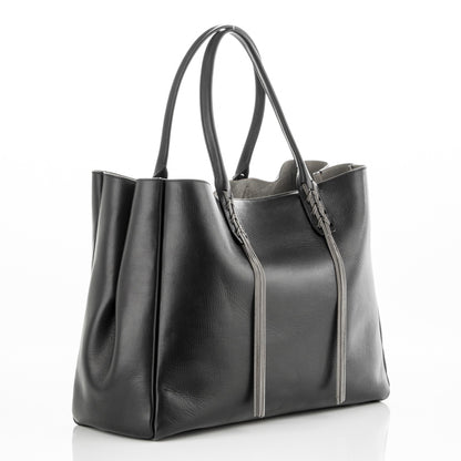 Lanvin Glazed Calfskin Braided Metal Chain Fringe Shopper Tote Black 3 of 6