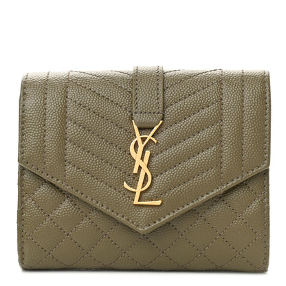 Saint Laurent Grain De Poudre Mixed Matelasse Triquilt Monogram Compact Tri Fold Wallet Vert Kaki 1 of 6