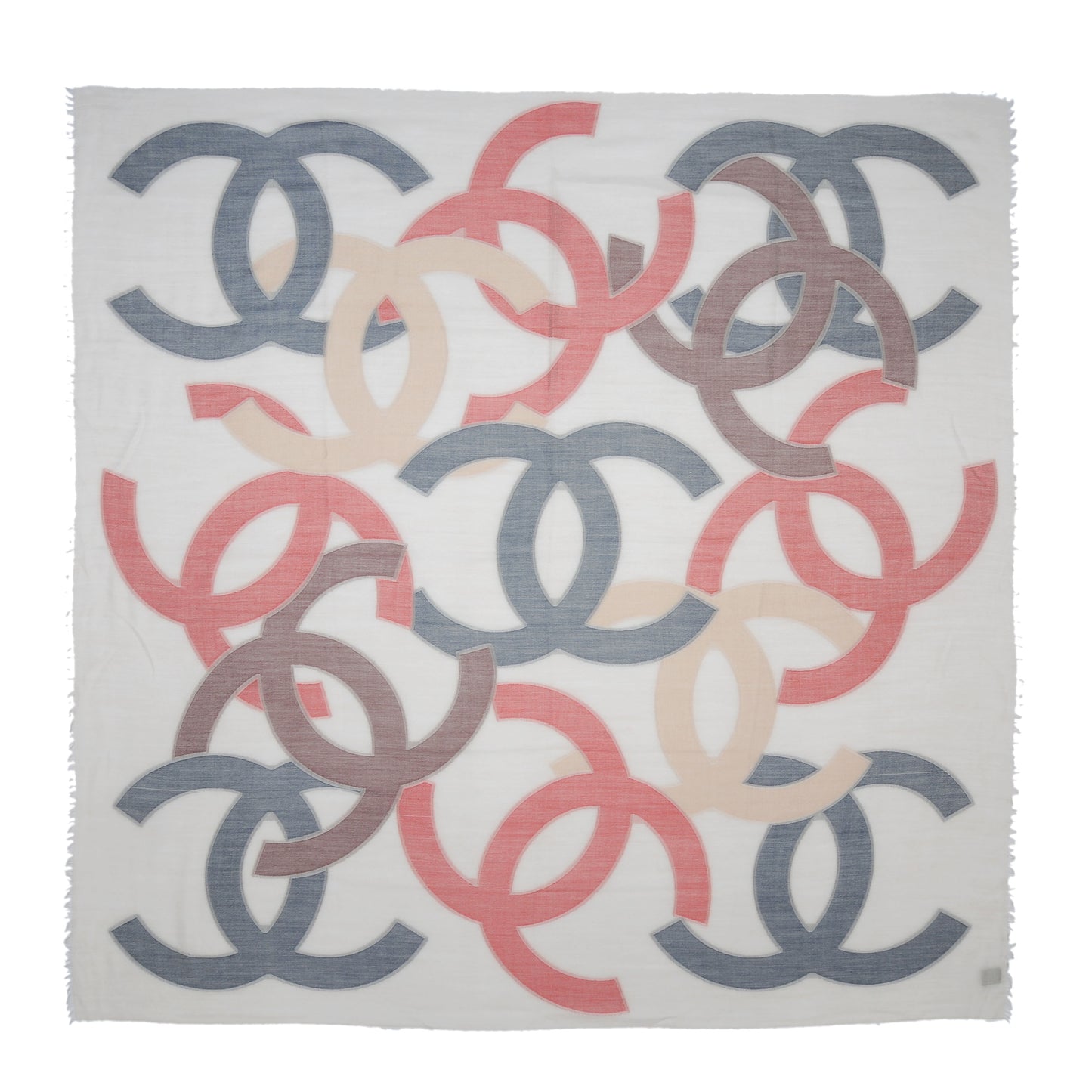 Cashmere Wool Silk CC Fringe Scarf Beige Red Navy
