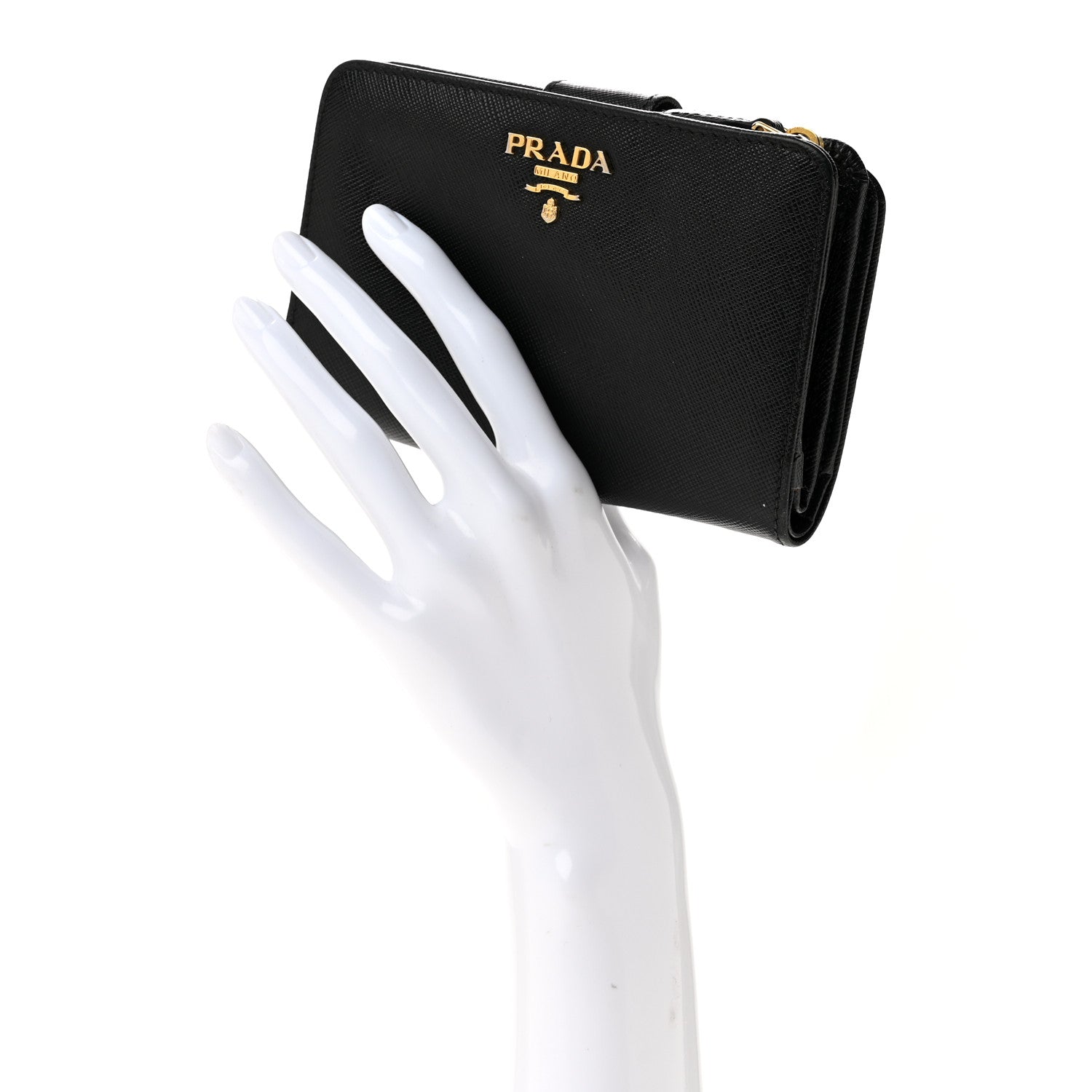 Prada Saffiano Metal Compact Zip Around Wallet Black 2 of 10