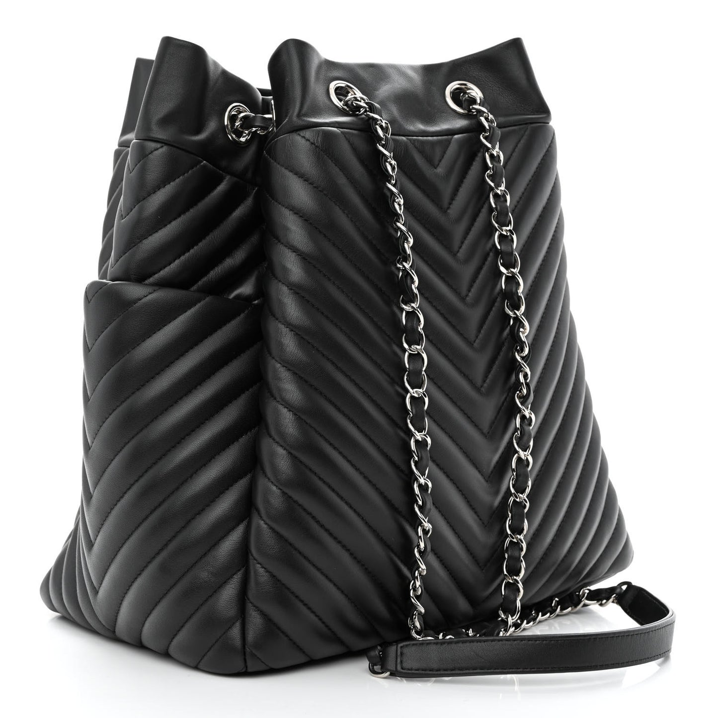 Lambskin Chevron Quilted Large Urban Spirit Drawstring Bag Black
