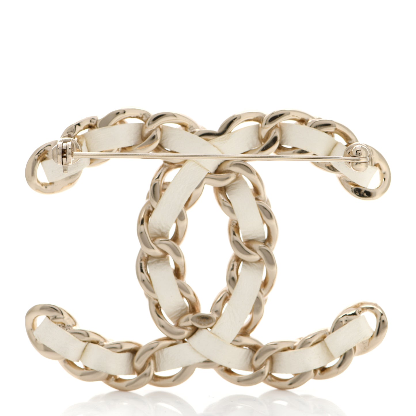 Lambskin Pearl Chain CC Brooch Gold White