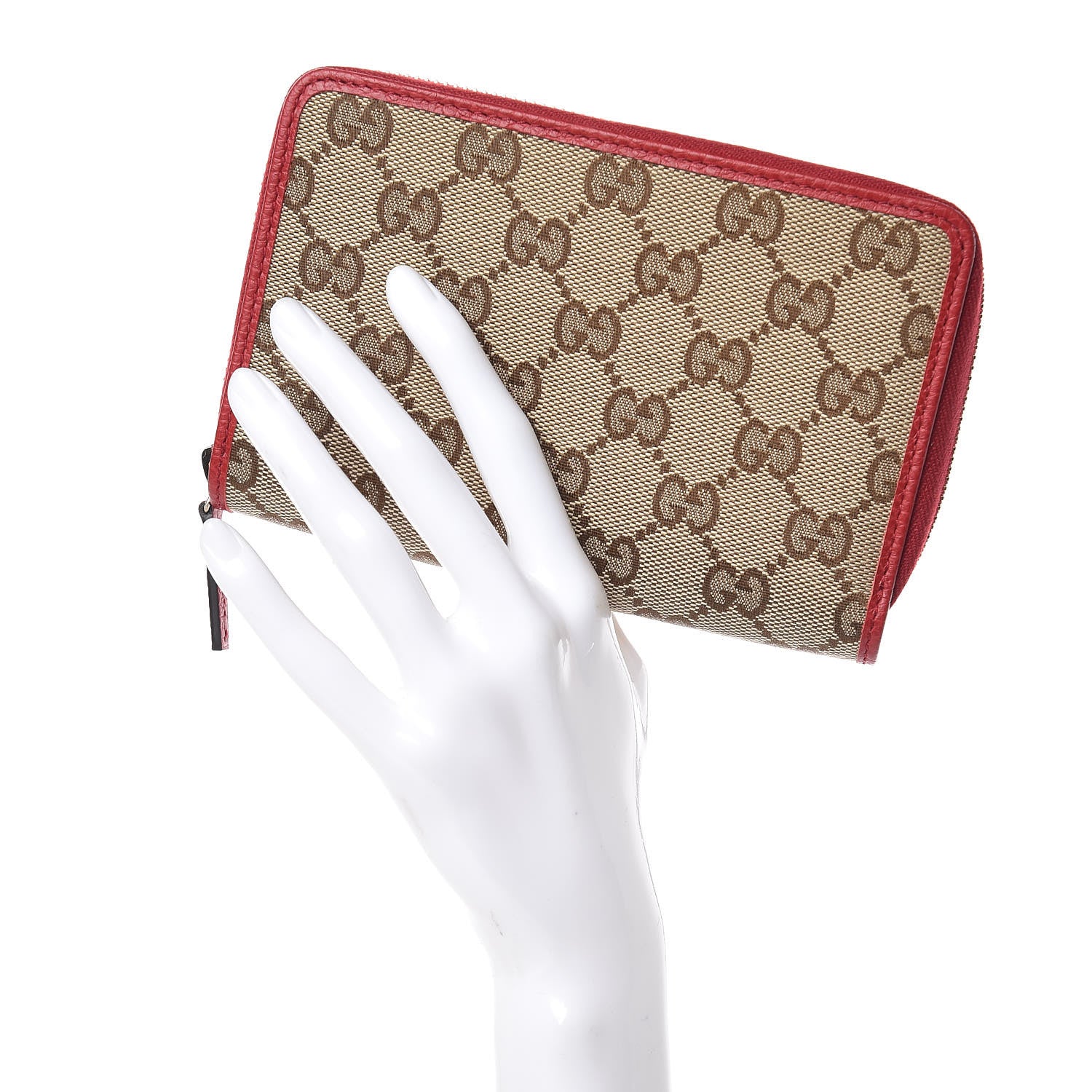 Gucci Monogram Dollar Calfskin Zip Around Compact Wallet Beige Ebony Rosso 2 of 8