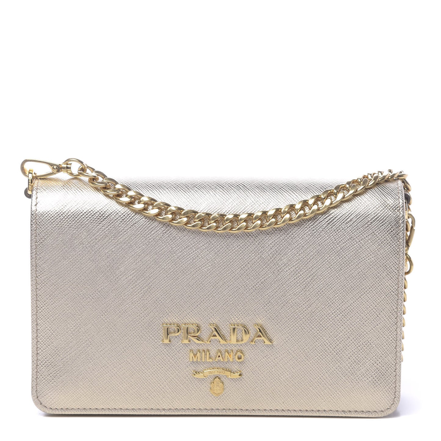 Metallic Saffiano Lux Chain Wallet Pirite